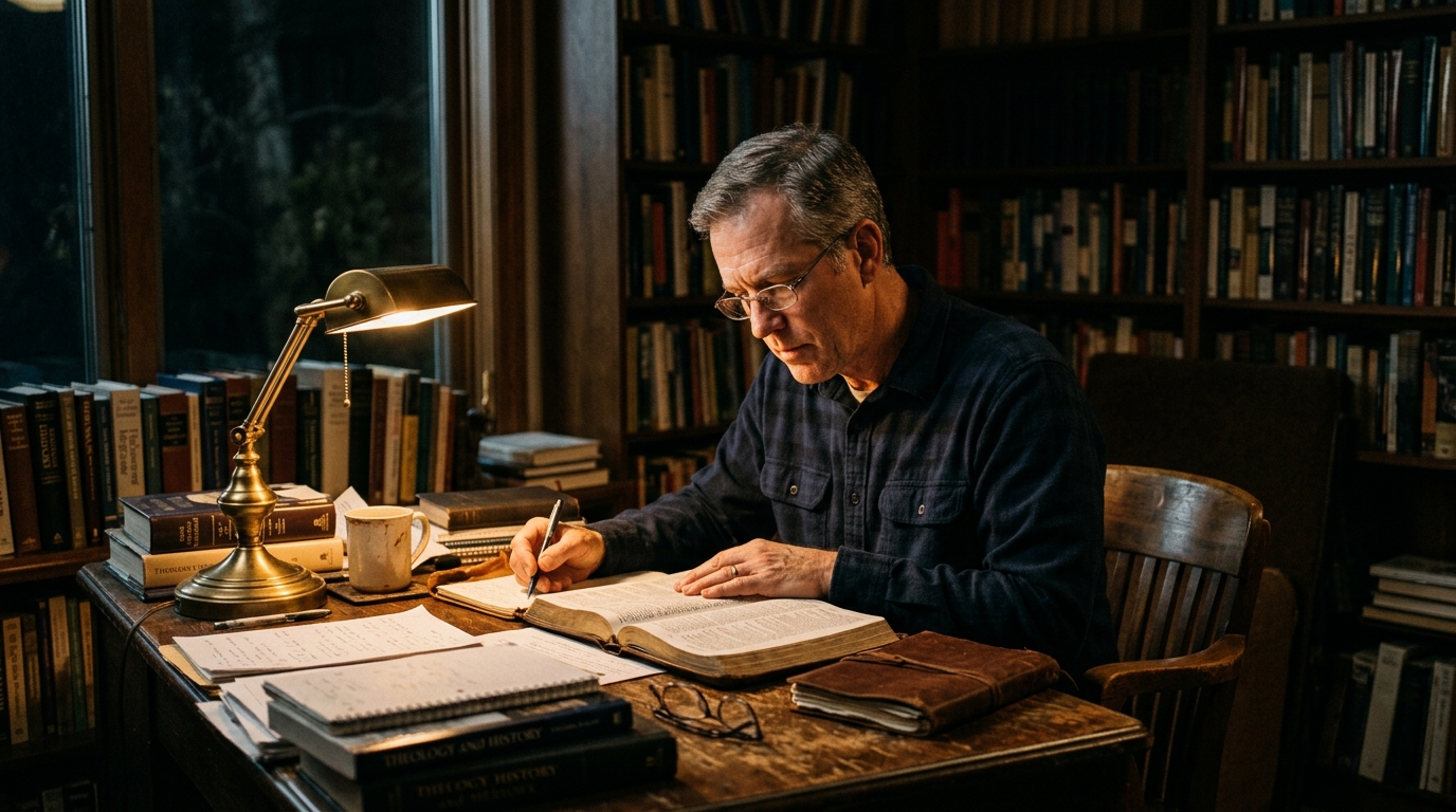 Pastor David Carter estudando a Bíblia em seu escritório